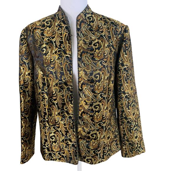 Vintage Metaphor Size L Blazer Black Gold Jacquard Paisley Open Front Jacket - Picture 1 of 11
